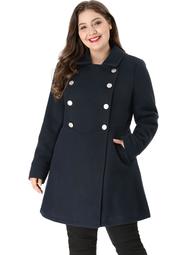Unique Bargains Women's Plus Size Double Breasted Coat blue 3X