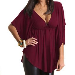 Akoyovwerve Women's Plus Size Half Sleeve V-Neck Loose T Shirt Wine Red