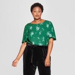 Women's Plus Size Floral Print Short Flutter Sleeve Top - Ava & Viv™ Green