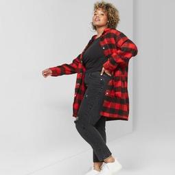 Women's Plus Size Check Hooded Coat - Wild Fable™ Scarlet