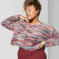 Women's Plus Size Long Sleeve Fuzzy Static Scoop Neck - Wild Fable™ Red