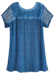 Women's Lattice Cutwork Top - Rhinestone Embellished Crinkled Fabric Shirt