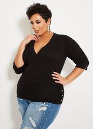 Surplice Ribbed Button Sweater