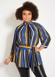 Striped Mock Neck Belted Tunic