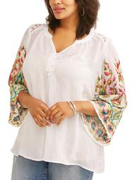 Women's Plus Embroidered Sleeve Peasant Top