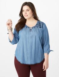 Plus Size Denim Embroidered Tie-Sleeve Top