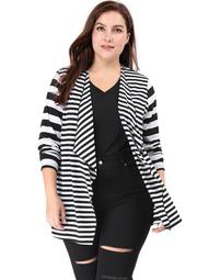 Women's Plus Size Open Front Long Sleeve Mixed Striped Fashion Cardigan Black (Size 1X)