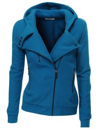 Doublju Women's Womens Casual Oblique Zipper Hoodie Jacket Coat BLUE S