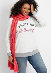 plus size buckle up buttercup graphic pullover