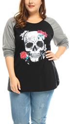 Unique Bargains Women's Plus Size Floral Skull Contrast Color T-Shirt Black (Size 2X)