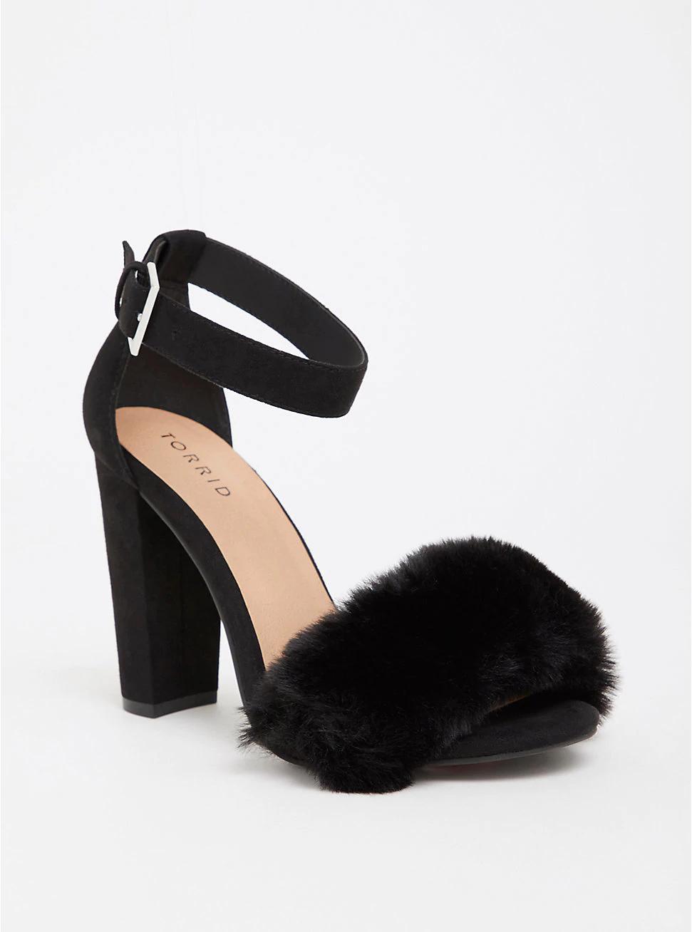 Black Faux Fur High Heel Sandal (Wide 