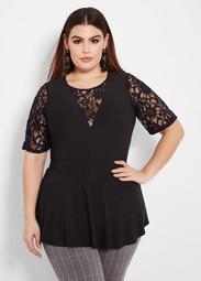 Elbow Sleeve Peplum Top With Lace