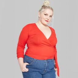 Women's Plus Size Long Sleeve Faux Wrap V-Neck Top - Wild Fable™ Red