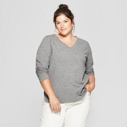 Women's Plus Size Textured V-Neck Long Sleeve Pullover - Ava & Viv™ Heather Gray