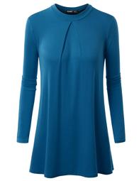 Doublju Womens Basic Long Sleeve Round Neck Tunic Top With Plus Size TEAL XS