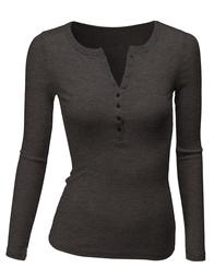 Doublju Women's Women Long Sleeve Round Neck Plus Size Henley T-Shirts Thermal Top CHARCOAL L