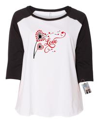 Valentines Day Love Dandelion Shirt  Plus Size Womens Raglan Sleeve T Shirt