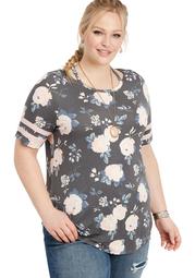 Plus Size 24/7 Floral Cut Out Neck Baseball Tee