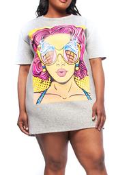 Womens Plus Curvy Fashion Casual Pop Graphic Printed T-Shirt Dress D1018-2XL-H Grey (Ice Cream)