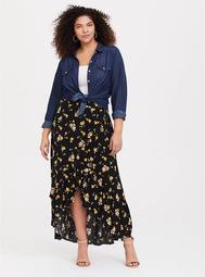 Black Floral Challis Ruffle Hi-Lo Maxi Skirt