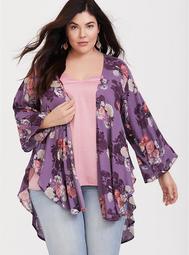 Purple Floral Crepe Shirttail Kimono