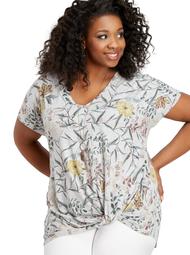 Plus Size 24/7 Floral V-Neck Knot Front Tee