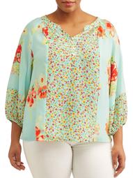 Women's Plus Sized Peasant Floral Printed Blouse