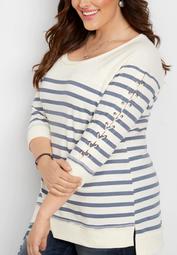 plus size stripe lace up sleeve pullover