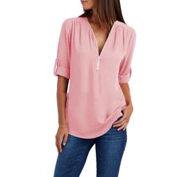 Women's Summer V-neck Zipper Plus Size Long-Sleeved Retractable Sleeves Loose Chiffon Shirt Top S-29XL