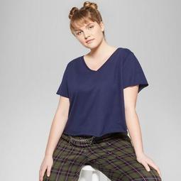 Women's Plus Size Short Sleeve V-Neck T-Shirt Boxy - Wild Fable™ Oxford Blue