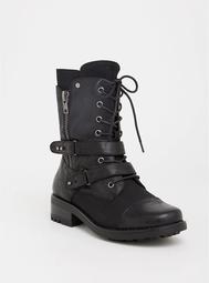 Black Oil Strappy Combat Boot (Wide Width)