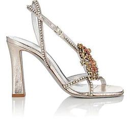 Crystal-Brooch Faux-Leather Sandals