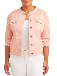 Women's Plus Size Cropped Rose Jean Jacket w/ Frayed Hem & Collar
