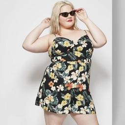 Women's Plus Size Floral Print Strappy Notched Neck Romper - Wild Fable™ Black