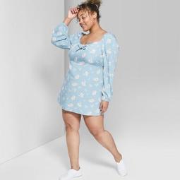 Women's Floral Print Plus Size Long Sleeve Bow Front Dress - Wild Fable™ Blue Stencil/Ivory