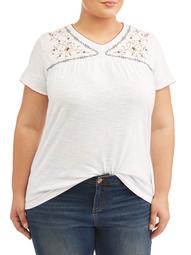 Women's Plus Size Embroided V Neck Top