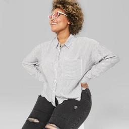 Women's Plus Size Striped Long Sleeve Cropped Button-Down Shirt - Wild Fable™ Gray