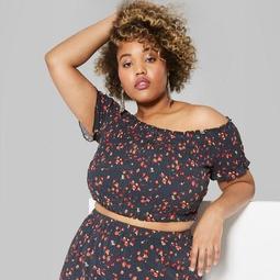 Women's Plus Size Floral Print Cropped Short Sleeve Off the Shoulder Smocked Top - Wild Fable™ Black