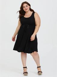 Black Lace-Up Ribbed Skater Dress