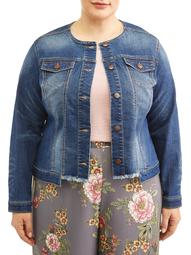 Women's Plus Size Collarless Frayed Denim Jacket