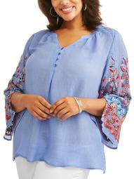 Women's Plus Size Embroidered Sleeve Peasant Top