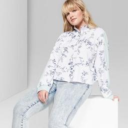 Women's Floral Print Plus Size Quarter Zip Pullover - Wild Fable™ White/Blue
