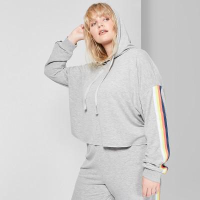 Wild Fable Women s Plus Size Cropped Striped Rainbow Placed Hoodie