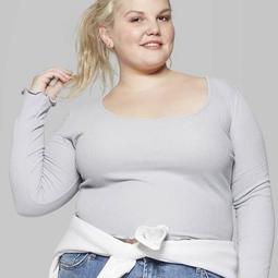 Women's Plus Size Long Sleeve Scoop Neck Pointelle T-Shirt - Wild Fable™ Blue