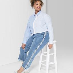 Women's Plus Size Striped Long Sleeve Cropped Twinned Zip-Up Woven Shirt - Wild Fable™ Blue