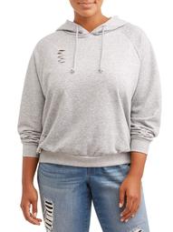 Women's Plus Size French Terry Hooded Destructed Sweater