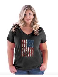 4th of July Flags American Flag Vintage Women Curvy Plus Size V-Neck Tee