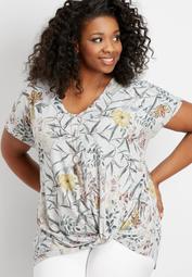 plus size 24/7 floral v-neck knot front tee