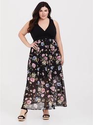 Black Floral Knit to Woven Maxi Dress
