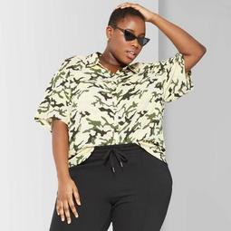 Women's Plus Size Camo Print Oversized Short Sleeve Button-Down Shirt - Wild Fable™ Green